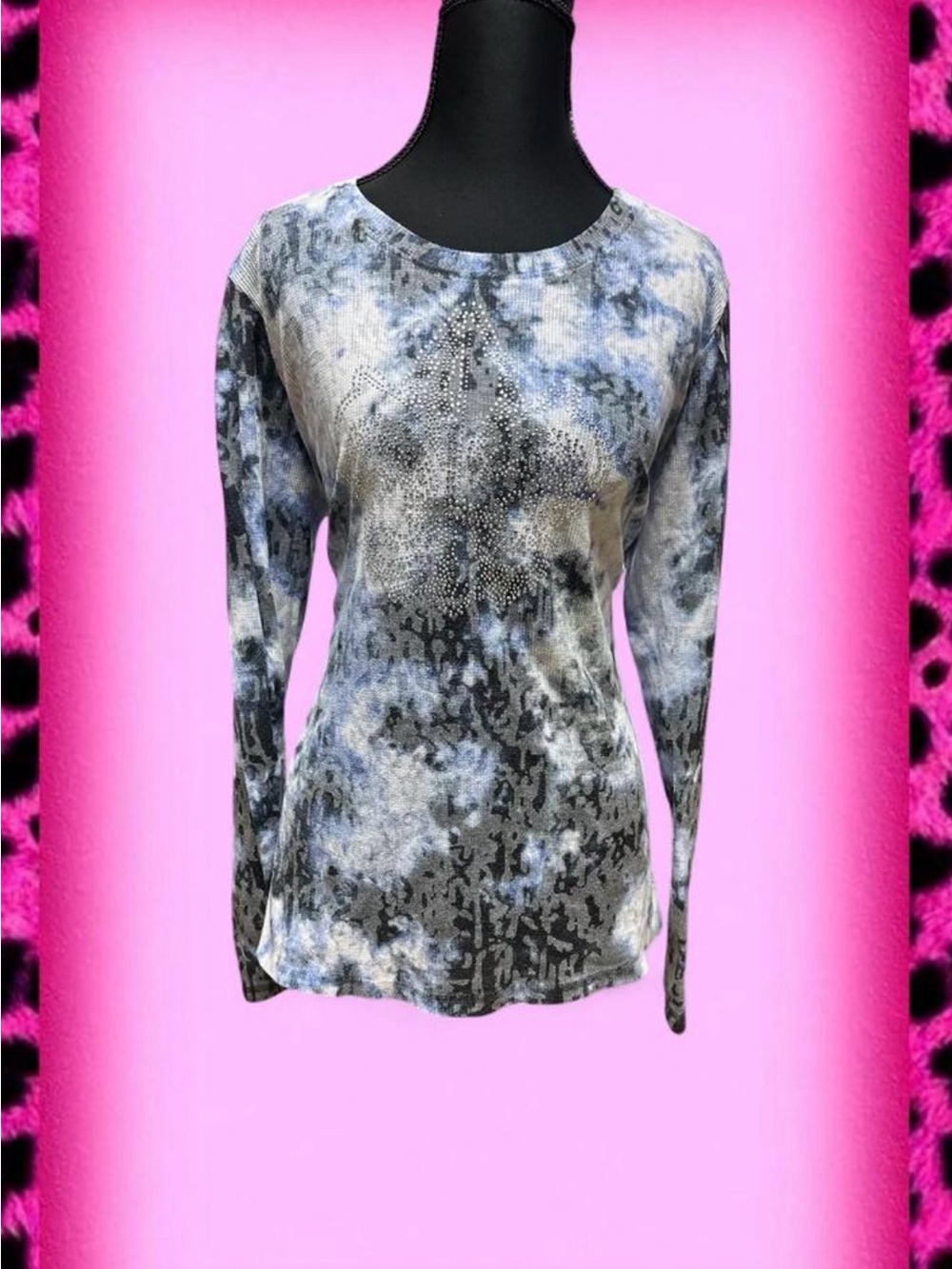 Y2K Rhinestone Fleur De Lis Thermal Top Blue Grunge Goth Long Sleeve XL 2000s